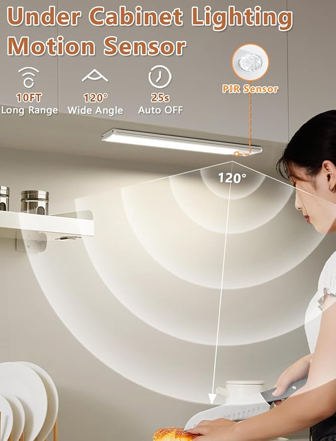 Under Cabinet Rechargeable Lighting: 12 Inch Motion Sensor Dimmable Lights Indoor - Battery Operated Lights - Wireless Closet Light Magnetic Led Light for Kitchen Home Bathroom Counter 3 Pack