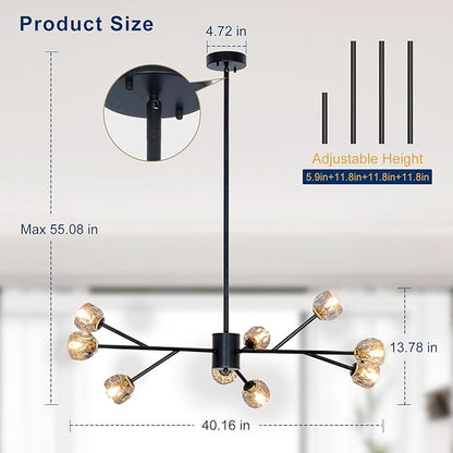 Depuley Modern Black Sputnik Chandelier: 9-Light Crystal Glass Chandelier for Dining Room - Kitchen Table Light Fixture Mid Century Hanging Lamp Height Adjustable for Foyer (Included G9 Bulbs)