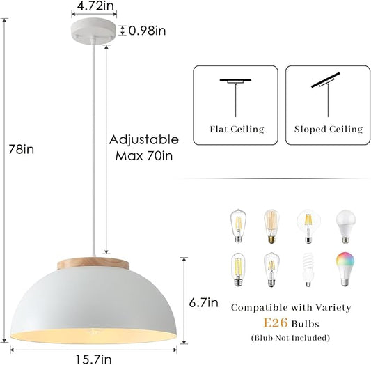 White Pendant Light 2 Pack, 16" Large Pendant Lights Kitchen Island with Wooden Holder, Farmhouse Pendant Light Fixtures for Dining Room, Living Room, Bedroom, Entryway, Hallway, Bar, Sink