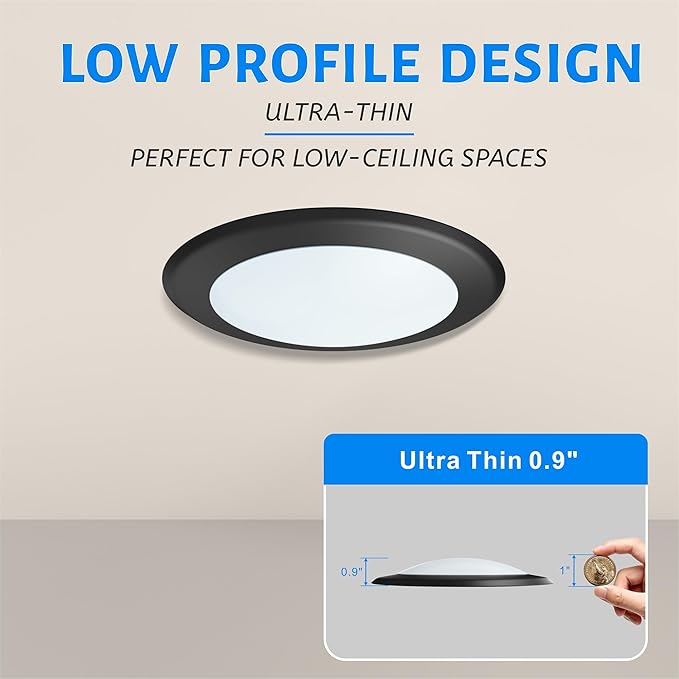 ECOELER Black 6inch Dimmable LED Disk Lights, 3CCT Selectable Flush Mount Ceiling Light Fixture, 16.5W 1100Lm, Low Profile Surface Mount for Recessed Can or Junction Box, ETL Listed, 10 Pack