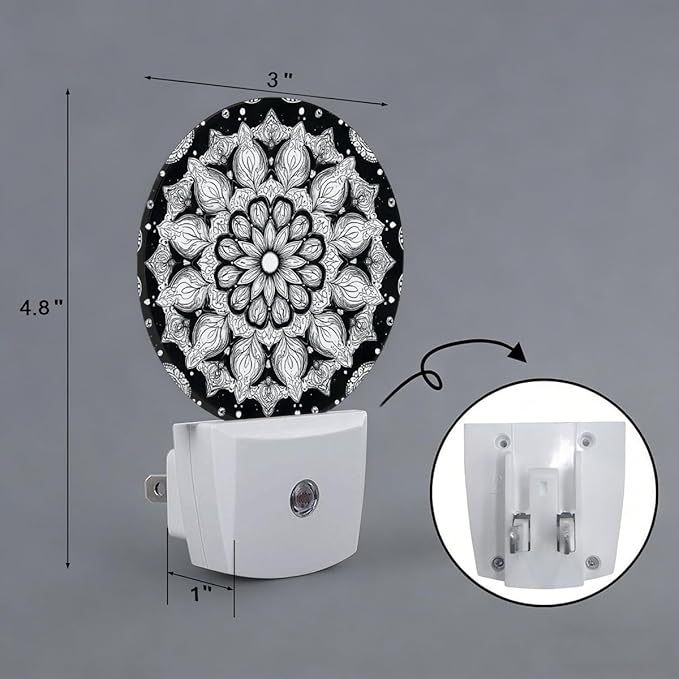 Black White Mandala Night Light Plug-in Sleep Lamp Led Dusk to Dawn Night Light for Bedroom