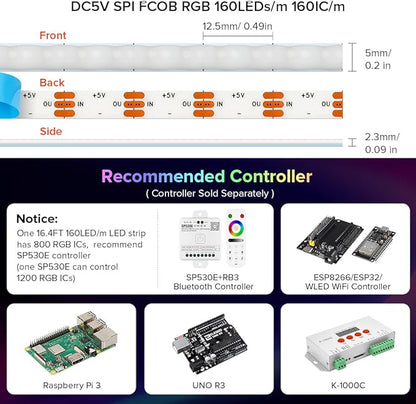 BTF-LIGHTING FCOB COB XGB1338(WS2812B) Individually Addressable IC RGB 160LED/m 800IC LED Strip DC5V 16.4FT 5mm Width Dream Chasing Color High Density Uniform Light(NO Adapter or Controller)