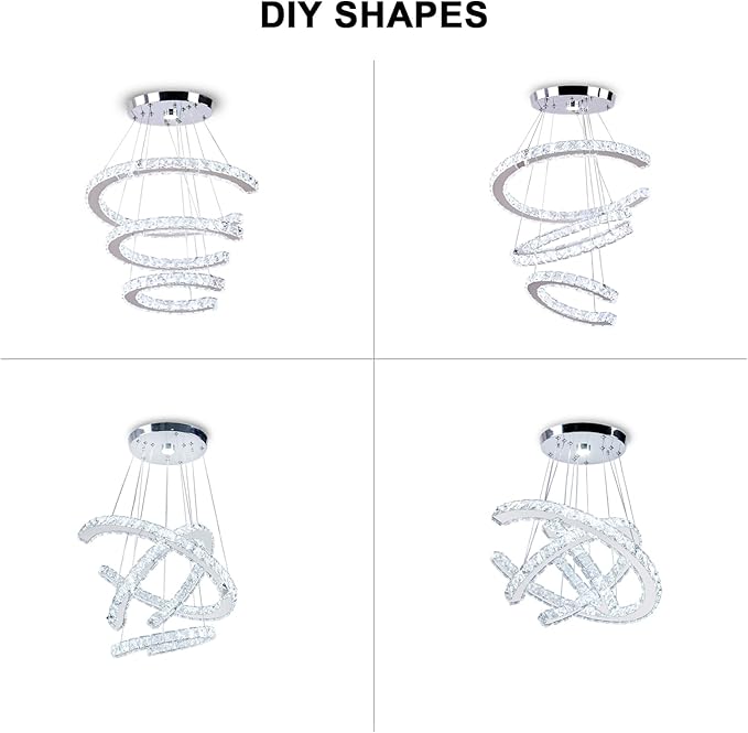 Finktonglan Modern Chandeliers Dimmable, 3 Rings Crystal Chandeliers with Remote Control, Shape Adjustable, LED Linear Chandelier Pendant Island Light for Kitchen Dining Room Living Room, H47.2''