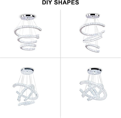 Finktonglan Modern Chandeliers Dimmable, 3 Rings Crystal Chandeliers with Remote Control, Shape Adjustable, LED Linear Chandelier Pendant Island Light for Kitchen Dining Room Living Room, H47.2''