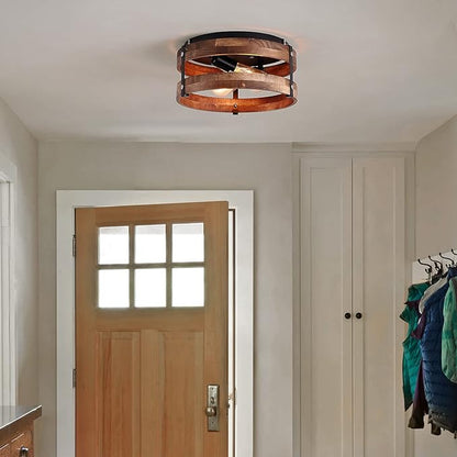 2-Light Rustic Flush Mount Light Fixture Oak Wood Round Drum Semi Flush Mount Ceiling Light for Hallway Bedroom Kitchen Entryway Farmhouse, Black