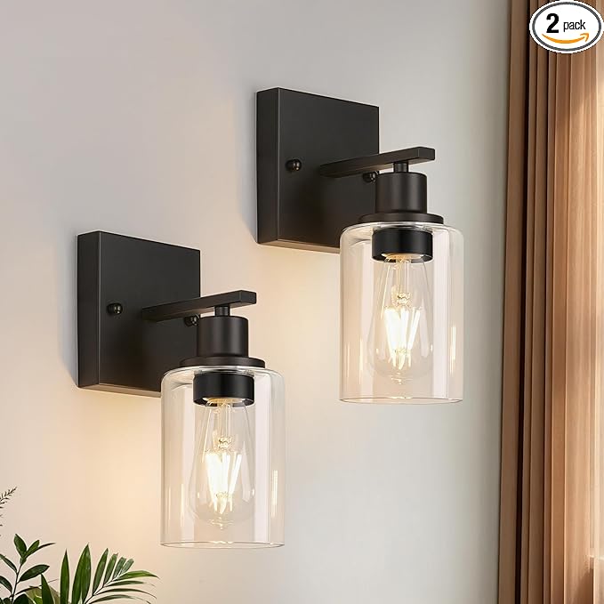 Indoi Set of 2 Wall Sconces for Bathroom, Matte Black Modern Vanity Lights with Clear Glass Shade, Bathroom Wall Lamp for Mirror Kitchen Living Room Hallway Cabinet Porch