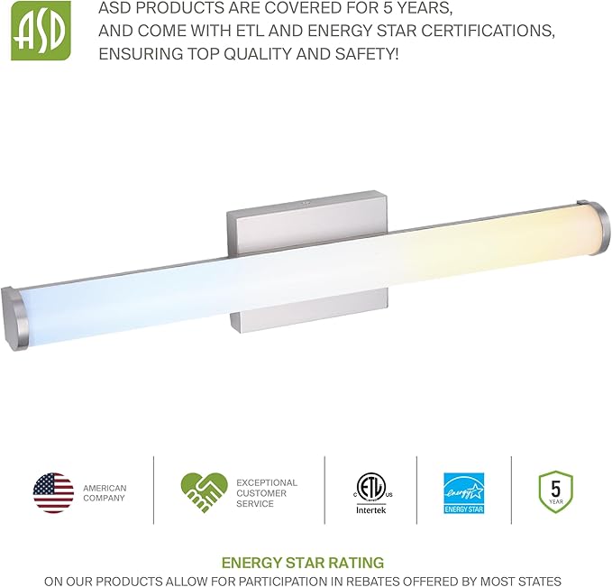 ASD 24" LED Linear Vanity Light Fixture, Modern Bathroom Sconce — 3 Color 3000K-5000K, Dimmable, 25W 1750LM, Energy Star & ETL Listed — Over Mirror Makeup Bar for Bedroom, Cabinets — Nickel, 2 Pack