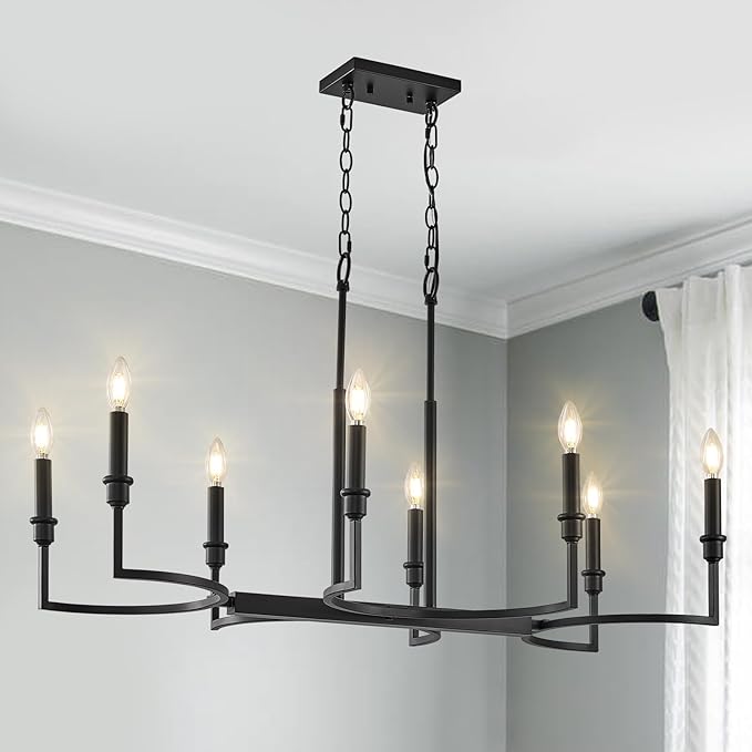 8-Light Black Chandelier Rectangular Dining Room Chandelier Over Table Metal Candle Chandelier Light Fixture Retro Black Island Lighting 37in