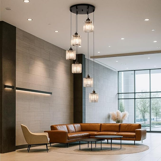 Long Chandelier for High Ceilings Modern Crystal Long Pendant Light Raindrop Drop Lamp Hanging Flush Mount Chandelier Ceiling Light for Staircase Foyer Living Room Entryway 6 Lights