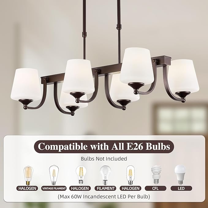 Dining Room Light Fixture Chandelier Over Table,6 Light Kitchen Island Lighting Hanging for Farmhouse Linear Chandeliers Oil Rubbed Bronze Rustic Ceiling Pendant Light with Frosted Glass Shade