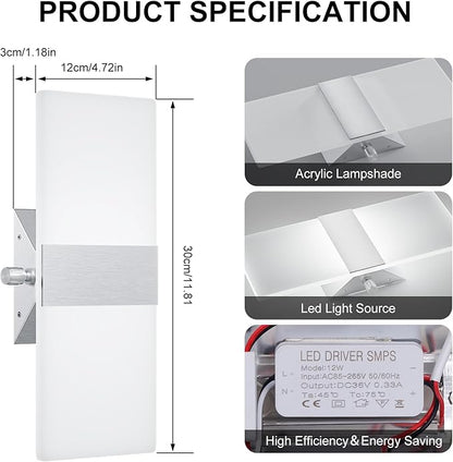 ChangM Modern Wall Sconces Set of Two, 12W Acrylic Led Wall Light, Equipped with a Rotary Switch to Adjust Brightness 10%-100%, Indoor Wall Mounted Lights Hardwired 6000K Cool White