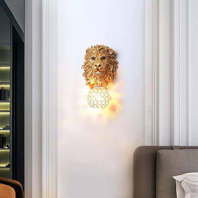 Gold Lion Head Wall Sconce Hardwired, Vintage Crystal Sconce Wall Lighting for Living Room Bedroom Hallway, Luxury Resin Sculpture Wall Lamp, E26 Base