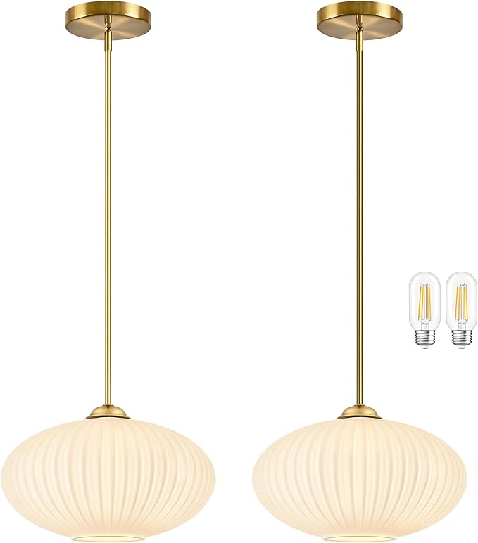 10" Milky White Glass Modern Pendant Light Kitchen Island 2 Pack Brushed Gold Mid Century Modern Pendant Lighting with Frosted Glass Hanging Pendants Light for Bedroom（Bulb Incl.