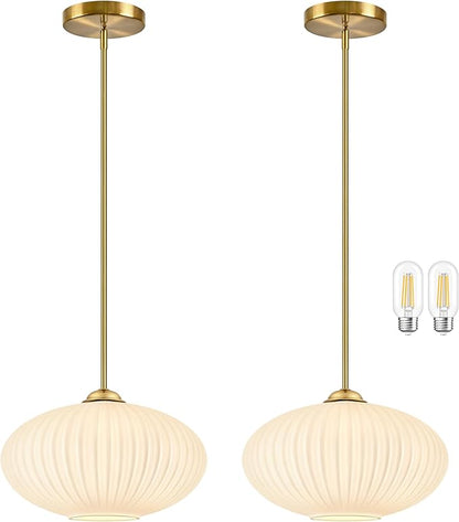 10" Milky White Glass Modern Pendant Light Kitchen Island 2 Pack Brushed Gold Mid Century Modern Pendant Lighting with Frosted Glass Hanging Pendants Light for Bedroom（Bulb Incl.