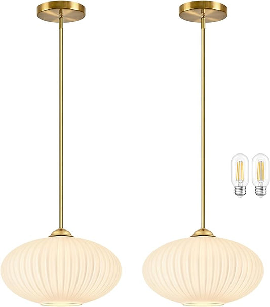 10" Milky White Glass Modern Pendant Light Kitchen Island 2 Pack Brushed Gold Mid Century Modern Pendant Lighting with Frosted Glass Hanging Pendants Light for Bedroom（Bulb Incl.