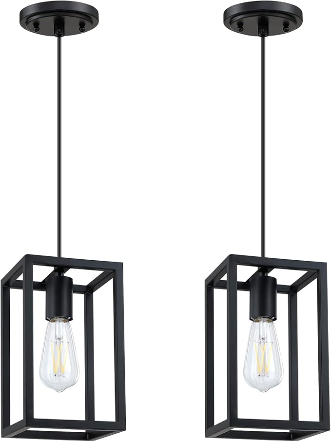 1 Light Hanging Rustic Farmhouse 5.7" Metal Lantern Cage Pendant Ceiling Light Fixture,Cafe Bar Over Sink Dining Room Bedroom Kitchen Island 2 Pack Black
