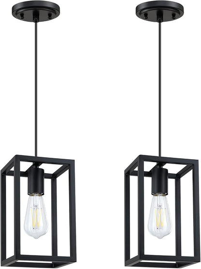 1 Light Hanging Rustic Farmhouse 5.7" Metal Lantern Cage Pendant Ceiling Light Fixture,Cafe Bar Over Sink Dining Room Bedroom Kitchen Island 2 Pack Black