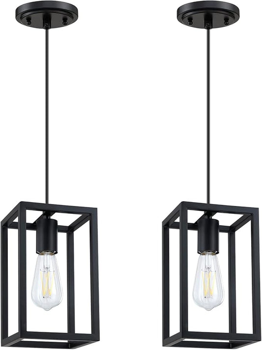 1 Light Hanging Rustic Farmhouse 5.7" Metal Lantern Cage Pendant Ceiling Light Fixture,Cafe Bar Over Sink Dining Room Bedroom Kitchen Island 2 Pack Black