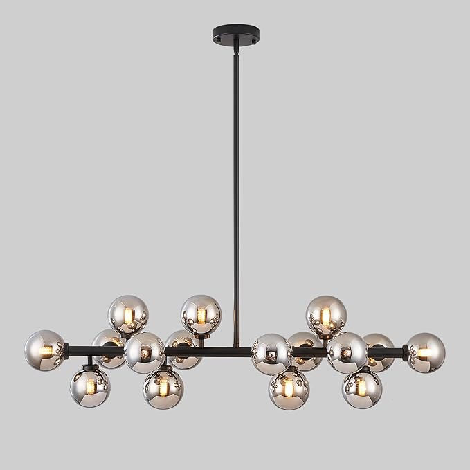16-Light Globe Sputnik Chandelier, Mid Century Modern Light Fixture Over Table, Black Linear Chandeliers for Dining Room and Kitchen Island (Smoke Grey Glass Bubble Shades, 40 Inch)