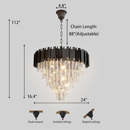 Modern Elegant Crystal Chandelier 24" Round K9 Crystal Ceiling Light Adjustable Black 5-Tier Chandelier with 10 Lights for Dining Room Living Room Foyer