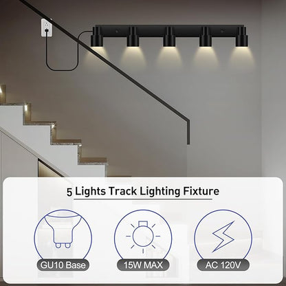 Plug in Track Lighting, 30" LED Track Light Fixtures Ceiling, Black 5 Way Ceiling Lights for Kitchen, 15FT Cord, Rotatable Light Head, Rocker Switch, Plug Spotlight for Bedroom Hallway(GU10, NO Bulb)