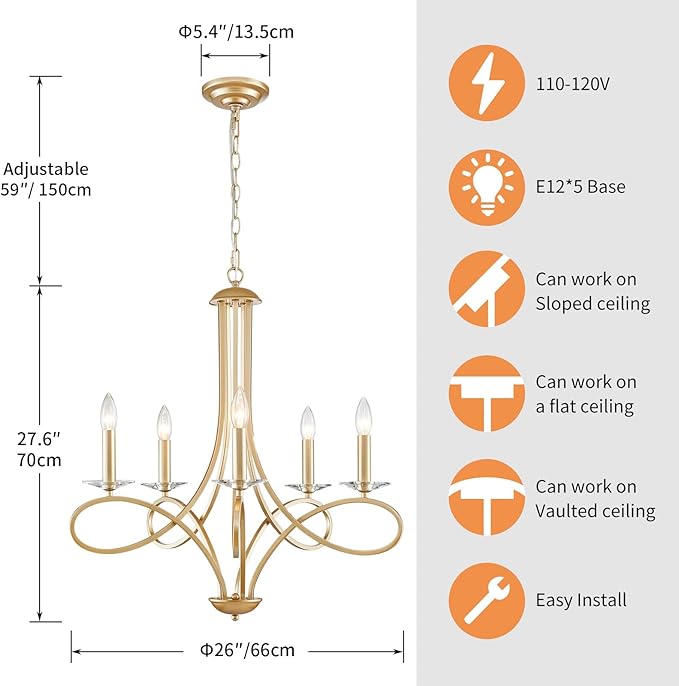 Saint Mossi 5-Lights Gold Modern Chandelier Lighting Fixture, Modern Pendant Light for Dining Room, Contemporary Chandelier for Bedroom, Living Room, Dining Room,H27 xD26,Chain Adjustable