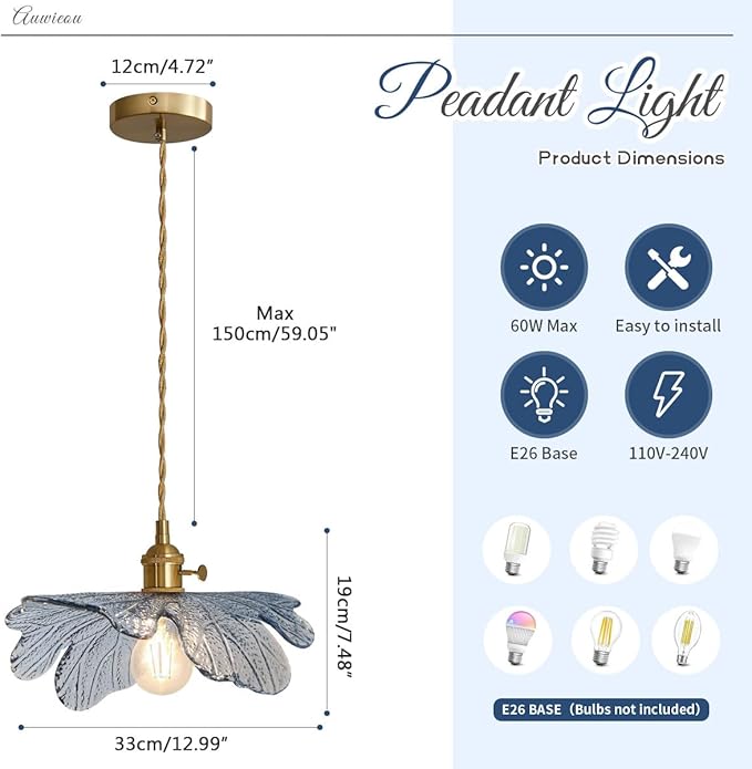 Glass Pendant Lights Kitchen Island 2 Pack Vintage Farmhouse Style with Blue Glass Flower Shade, Gold Unique Hanging Pendant Lighting for Dining Room Cabinets Bedroom entryway