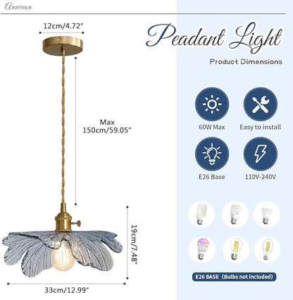 Glass Pendant Lights Kitchen Island 2 Pack Vintage Farmhouse Style with Blue Glass Flower Shade, Gold Unique Hanging Pendant Lighting for Dining Room Cabinets Bedroom entryway