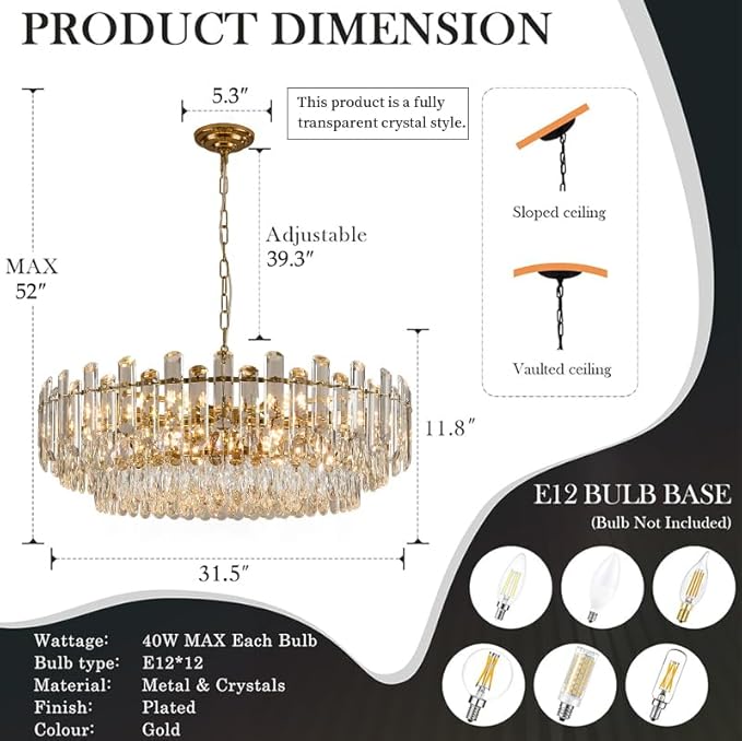 31.5" Gold Crystal Chandeliers Fully Transparent Crystal Modern3-Tier Luxury Pendant Light 12-Light Ceiling Pendant Lighting for Dinning Room Living Room Foyer