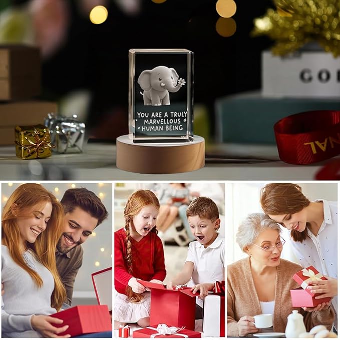 Elephant Gifts for Women, Friendship Gifts for Women Best Friends Sisters, Birthday Gift, 3D Elephants Decor Crystal Figurine Night Light