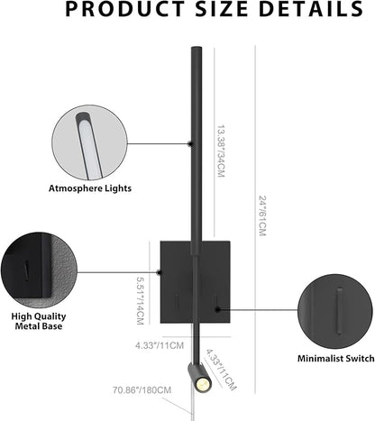 Modern Plug in Wall Sconce Indoor Wall Light Set of two for Bed, Corded Minimalist Bedside Linear Wall Sconce With Switch, Adjustable Black Wall Mount lamp for Living Room Bedroom Hallway Reading etc