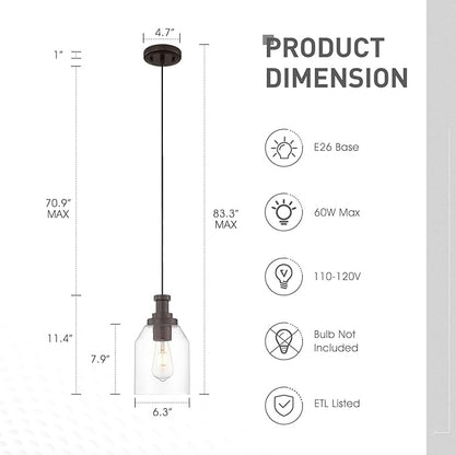 zeyu 2 Pack Farmhouse Hanging Pendant Lights Kitchen, Large Kitchen Pendant Lighting Over Island, Clear Glass Shade, Oil Rubbed Bronze Finish, ZG33M1L-2L ORB