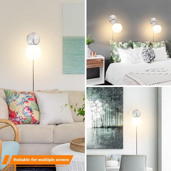 Modern Brushed Nickel Plug in Wall Sconce Set of 2, Wall Light Fixture with Milky White Globe Glass Lampshade, Wall Lamp with Plug in Cord, Art Deco Wall Light for Bedroom Living Room Hallway