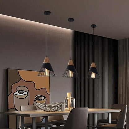 Black Farmhouse Wooden Pendant Light,Rustic Wood & Metal Pendant Lighting, Adjustable Height Hanging Ceiling Light Fixture for Kitchen Island Dining Room Bedroom Hallway