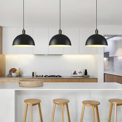 Black Pendant Lights Kitchen Island 3 Pack, 11.8" Modern Black and Gold Pendant Light Fixtures Dome Farmhouse Hanging Lights for Sink Dining Room Hallway Entryway