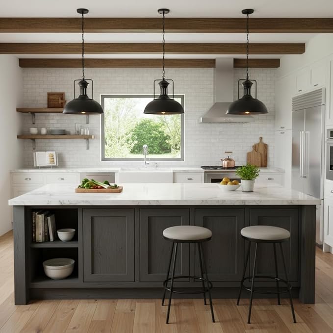 Industrial Dome Pendant Light Fixture, Farmhouse Barn Hanging Ceiling Lighting for Kitchen Island, Dining Room, Matte Black Metal