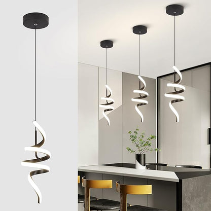 4000K Modern Pendant Light, 15IN Spiral LED Pendant Lights Adjustable Height Black Kitchen Island Fixtures Chandeliers for Dining Room Hanging Lights, 1 Pack