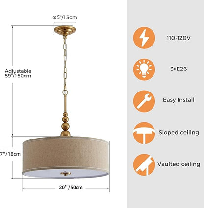 Shrine Lighting Drum Chandeliers, Farmhouse Style, Perfect Drum Pendant Light for Dining Room, D20'' x H7'', Adjustable Chains 59'', E26*3 Sockets, Beige Linen Fabric Lampshade & Gold Rod