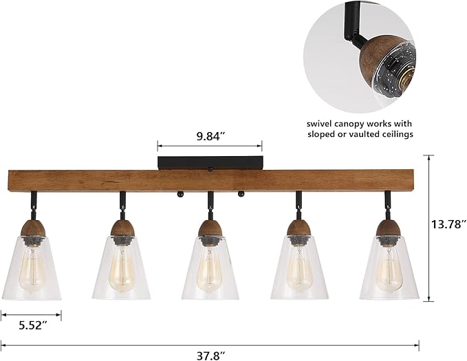 5-Light Large Rustic Farmhouse Wood Flush Mount Ceiling Light Fixture Clear Seeded Glass Shade and Oak Wood Track Semi Flush Mount Ceiling Light for Kitchen Living Room Bedroom Indoor, Black