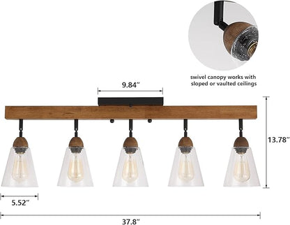 5-Light Large Rustic Farmhouse Wood Flush Mount Ceiling Light Fixture Clear Seeded Glass Shade and Oak Wood Track Semi Flush Mount Ceiling Light for Kitchen Living Room Bedroom Indoor, Black