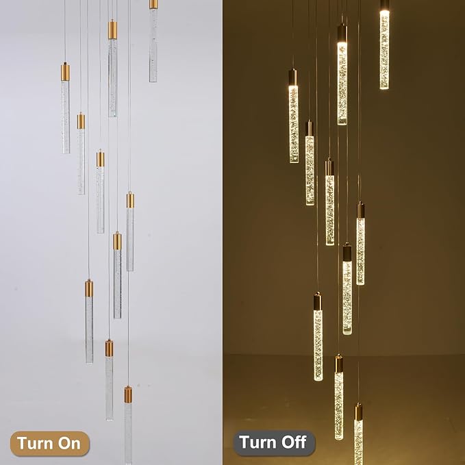 GEADI Modern LED High Ceiling Chandelier with Remote Control,10 Lights Crystal Foyer Chandeliers for High Ceilings,Gold Dimmable Long Pendant Light for Staircase Entryway Living Room