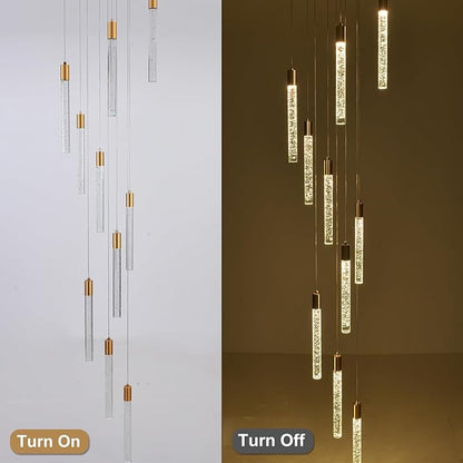 GEADI Modern LED High Ceiling Chandelier with Remote Control,10 Lights Crystal Foyer Chandeliers for High Ceilings,Gold Dimmable Long Pendant Light for Staircase Entryway Living Room