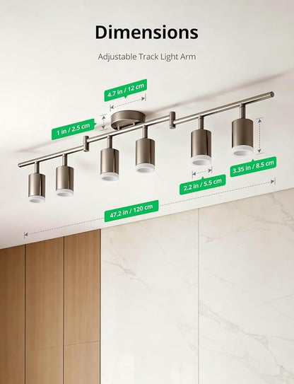 Bojim Track Lighting Fixtures Ceiling Mount for Kitchen, Nickel 6 Way LED Spot Lights Indoor, Flexible Modern Track Light GU10 Socket for Dining Room, Bulbs Not Included
