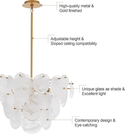 Dia 28 Inch, Modern Glass Chandeliers for Bedroom, Gold Dining Room Light Fixture, Large Vintage Pendant Chandelier for Living Room Stairway Entryway Kitchen Farmhouse Foyer