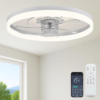 Fszdorj 23.6'' Ceiling Fan with Light, Upgraded Low Profile Fan, Flush Mount Ceiling Fan, 6 Speeds, Dimmable LED, App & Remote Control, Quiet DC Motor, for Bedroom, Living Room, F115 White