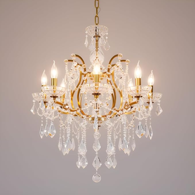 8-Light Crystal Chandelier Gold Finish Modern Luxury Antique Flush Mount Chandelier with Crystal Drops Prisms Beads, Elegant Dining Room Living Room Entryway Foyer Ceiling Light Fixture