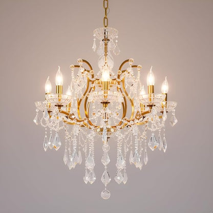8-Light Crystal Chandelier Gold Finish Modern Luxury Antique Flush Mount Chandelier with Crystal Drops Prisms Beads, Elegant Dining Room Living Room Entryway Foyer Ceiling Light Fixture