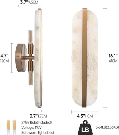 15.7" Natural Alabaster Wall Sconces Marble Wall Sconces Gold Bathroom Vanity Wall Light Fixtures Modern Oval Stone Wall Lamp for Bedroom Living Room Hallway Restaurant Stairs