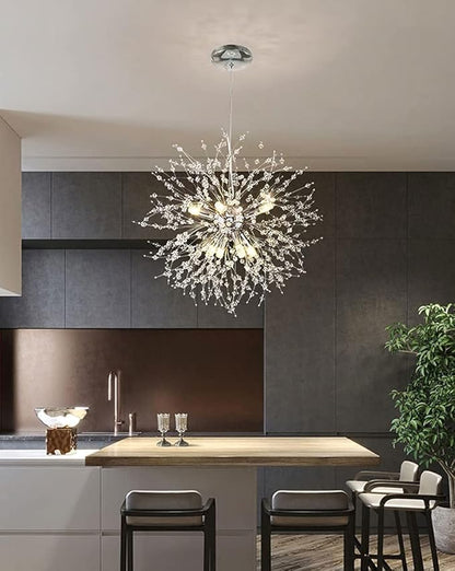 Modern Crystal Chandeliers 9-Light Chrome Dandelion Light Fixture,Firework Chandelier,Personalized Ceiling Hanging Lighting for Bedroom,Dining Room,Kitchen,Aisle Chandelier