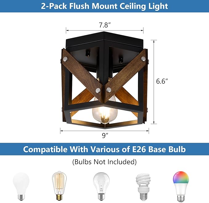 XSDeTu 2 Pack Farmhouse Flush Mount Ceiling Light, Rustic Hallway Light Fixtures Ceiling, Vintage Black Lighting Fixtures with Metal and Wood Cage, Small Chandelier for Kitchen Sink Entryway Bathroom